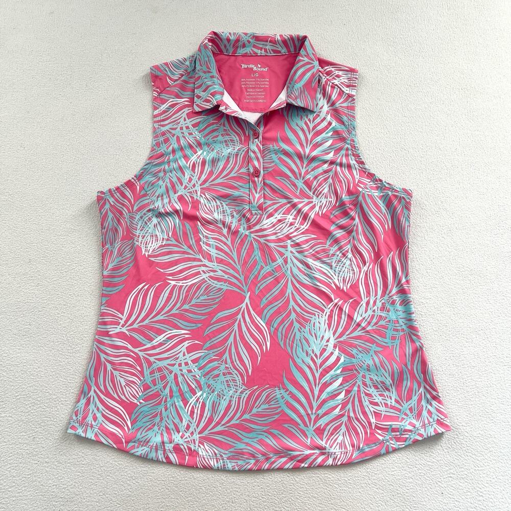 Birdie Bound Women Golf Sleeveless Carmine Rose Blue Tropical Print Polo Shirt L